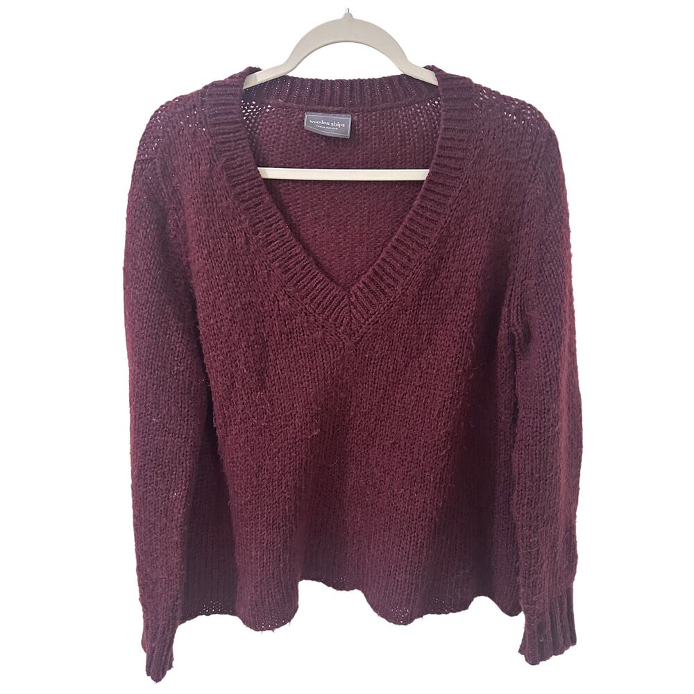 Wooden Ships Deep V-Neck Sweater Fuzzy Open Knit Slouchy Mohair Blend Small Wine
